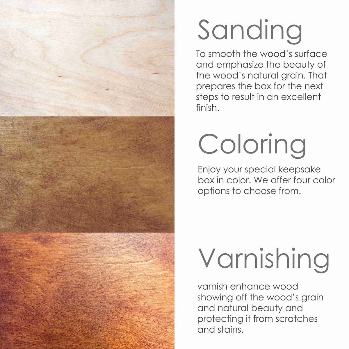 Image showing the steps of production for keepsake box through sanding coloring and varnishing