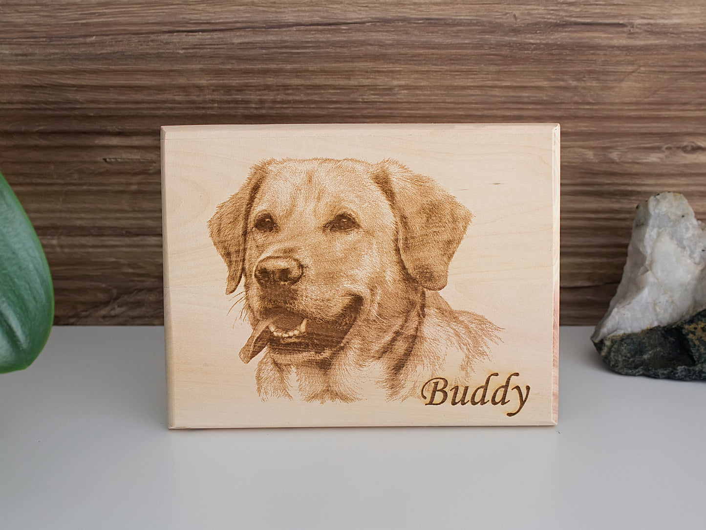 Wooden memorial plaque with a custom photo engraving, created as a personalized tribute gift with a rustic wood finish and heartfelt design.