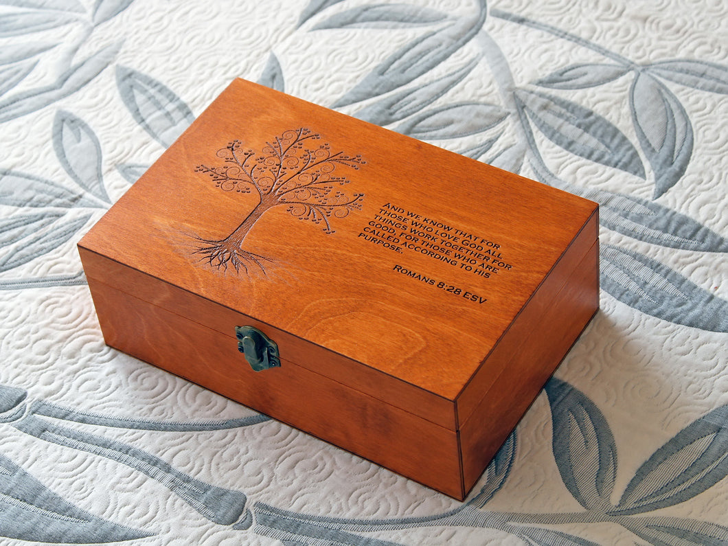 Memory box with engraved bible quote, Custom saying on keepsake box