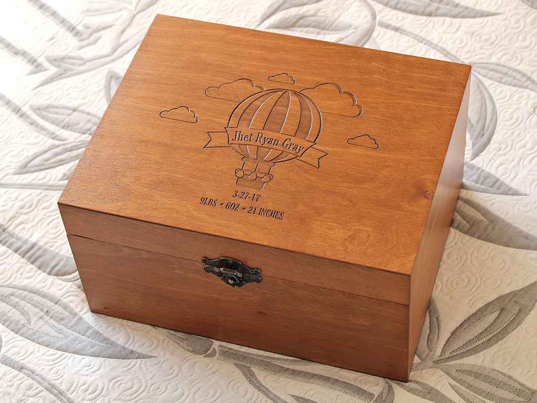 Hot Air Balloon drawing memory box, Custom engraved box, Personalized keepsake box