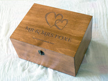 Load image into Gallery viewer, Personalized wedding keepsake box with interlocked hearts and names, Custom anniversary gift