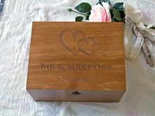 Load image into Gallery viewer, Personalized wedding keepsake box with interlocked hearts and names, Custom anniversary gift
