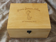 Load image into Gallery viewer, Baby giraffe image on memory box, Custom engraved keepsake box, First birthday gift
