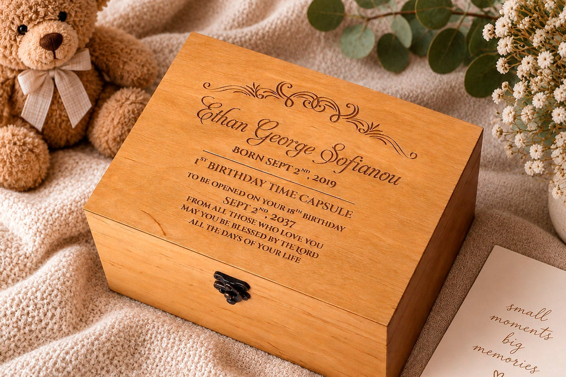 Personalized baby keepsake box with engraved name and birth details