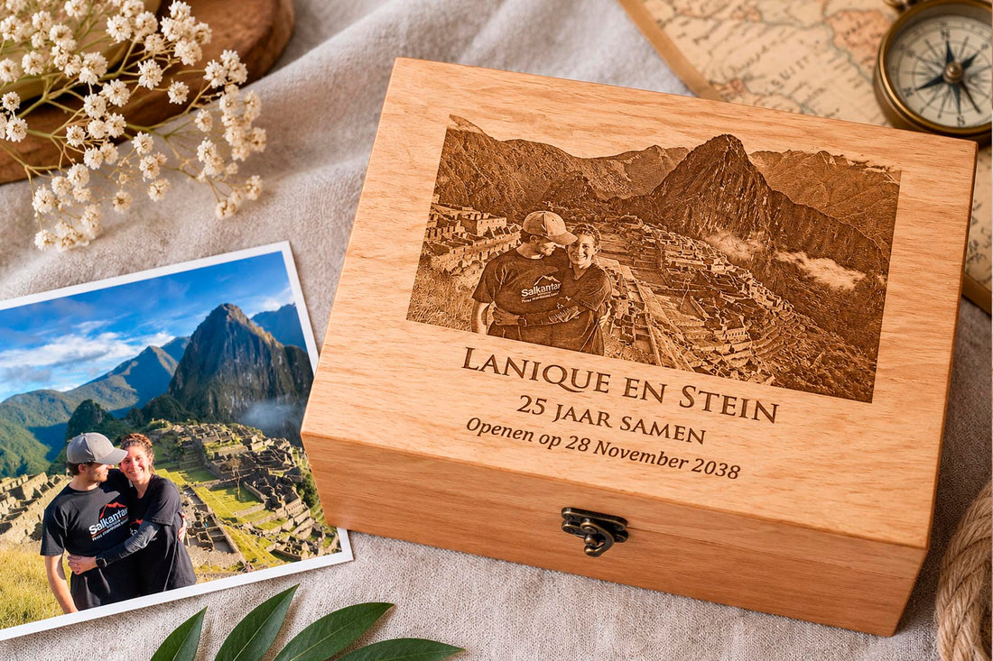 Custom photo laser engraved on a personalized wooden keepsake box