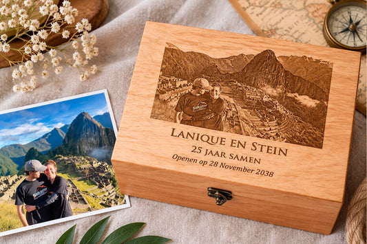 Custom photo laser engraved on a personalized wooden keepsake box