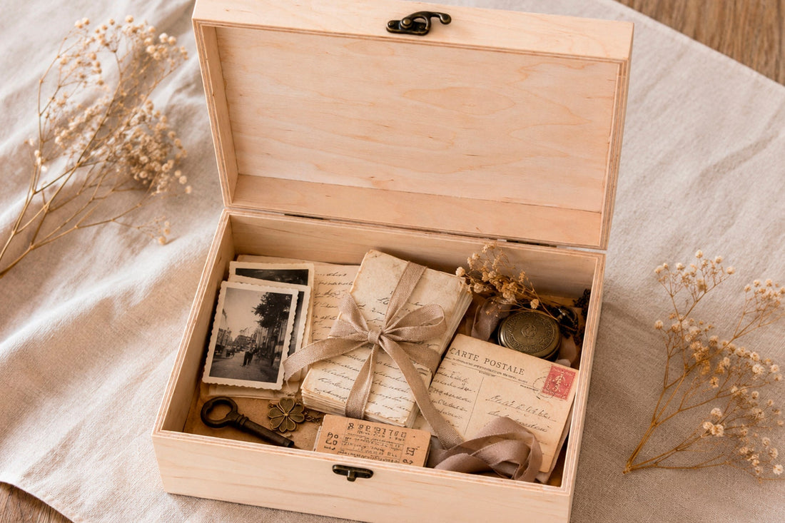Personalized wooden keepsake box filled with meaningful family memories and treasured keepsakes