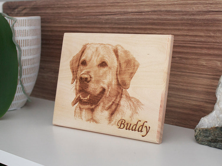 Custom laser engraved wooden portrait, personalized dog photo gift on shelf, custom pet engraving plaque