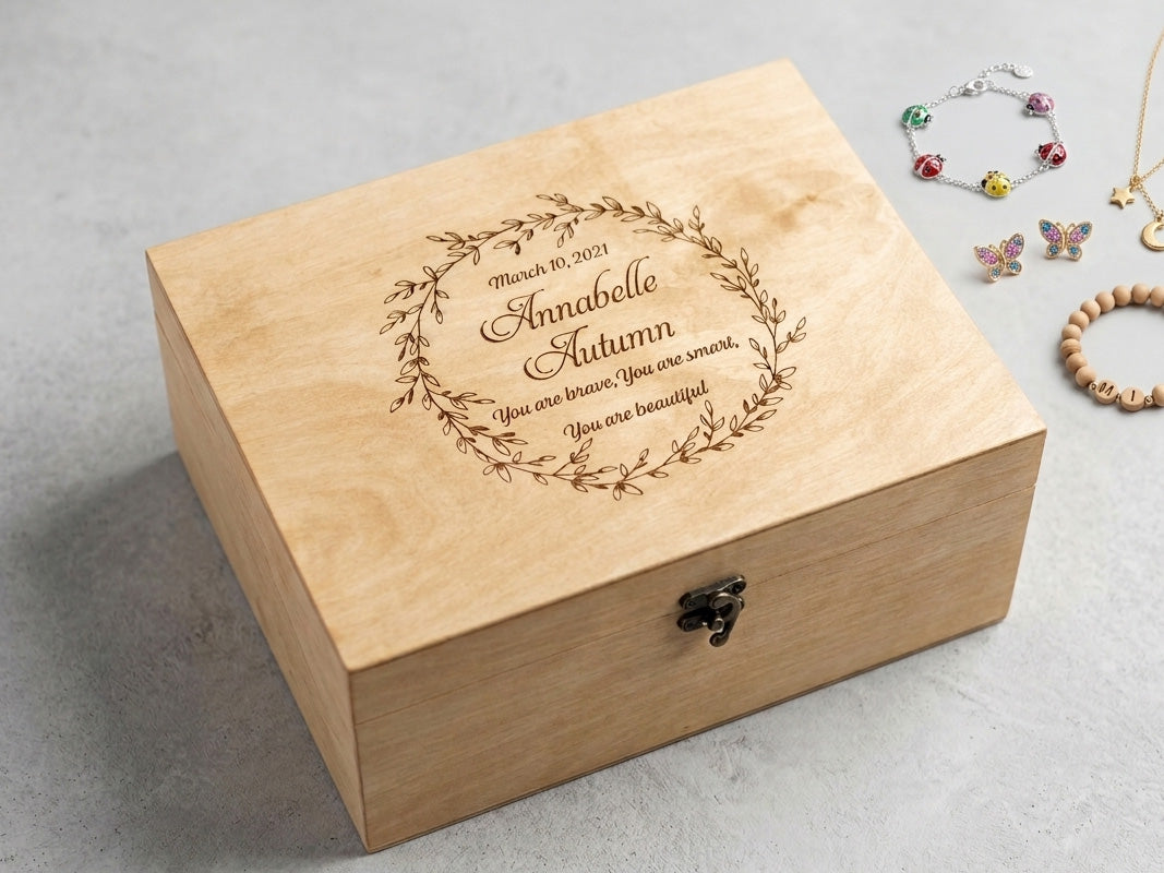 Custom engraved wooden keepsake box with botanical wreath design and personalized name Annabelle Autumn