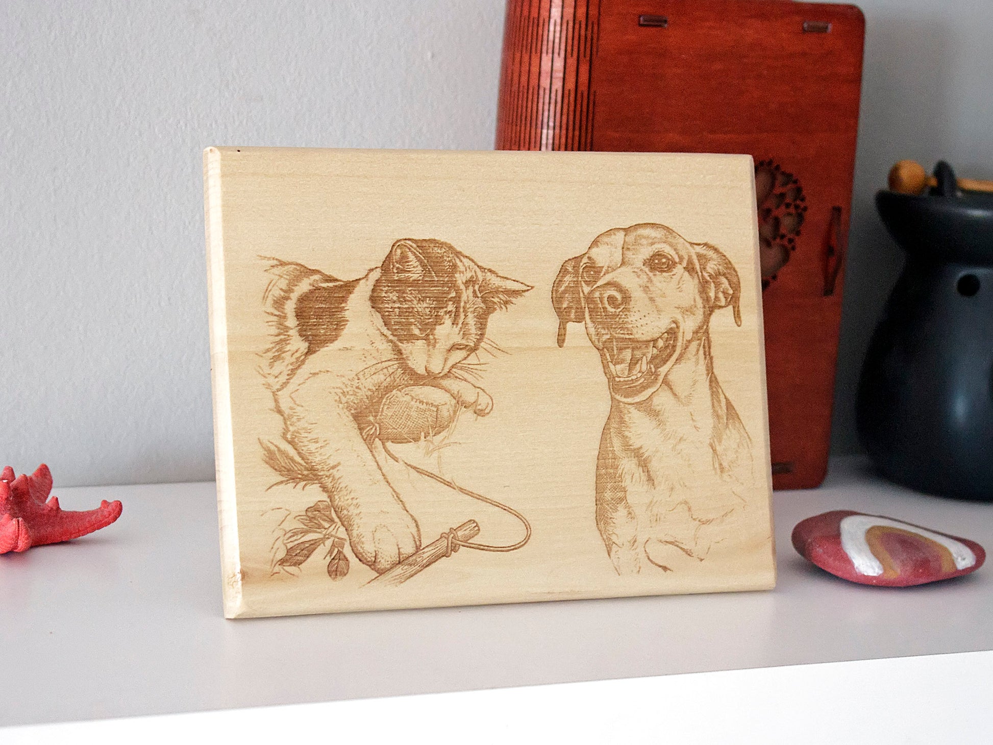 Premium custom pet portrait engraved on natural wood from your photo. A unique keepsake and thoughtful gift for pet lovers.