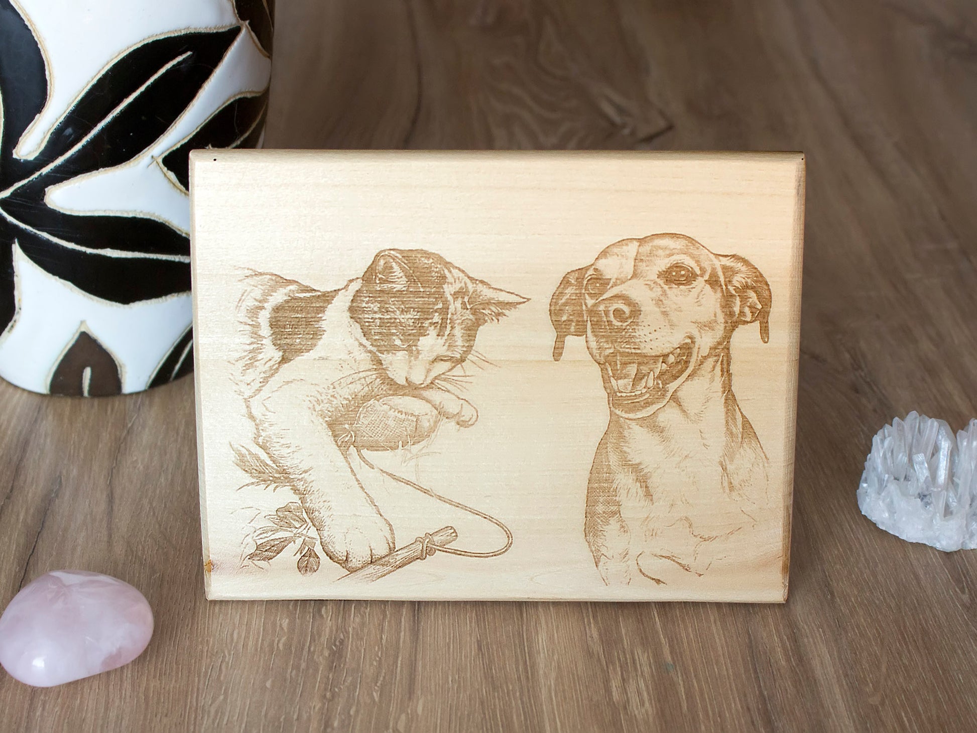 Beautiful personalized wooden portrait featuring your dog, cat, or other pet, engraved with fine sketch-style details.