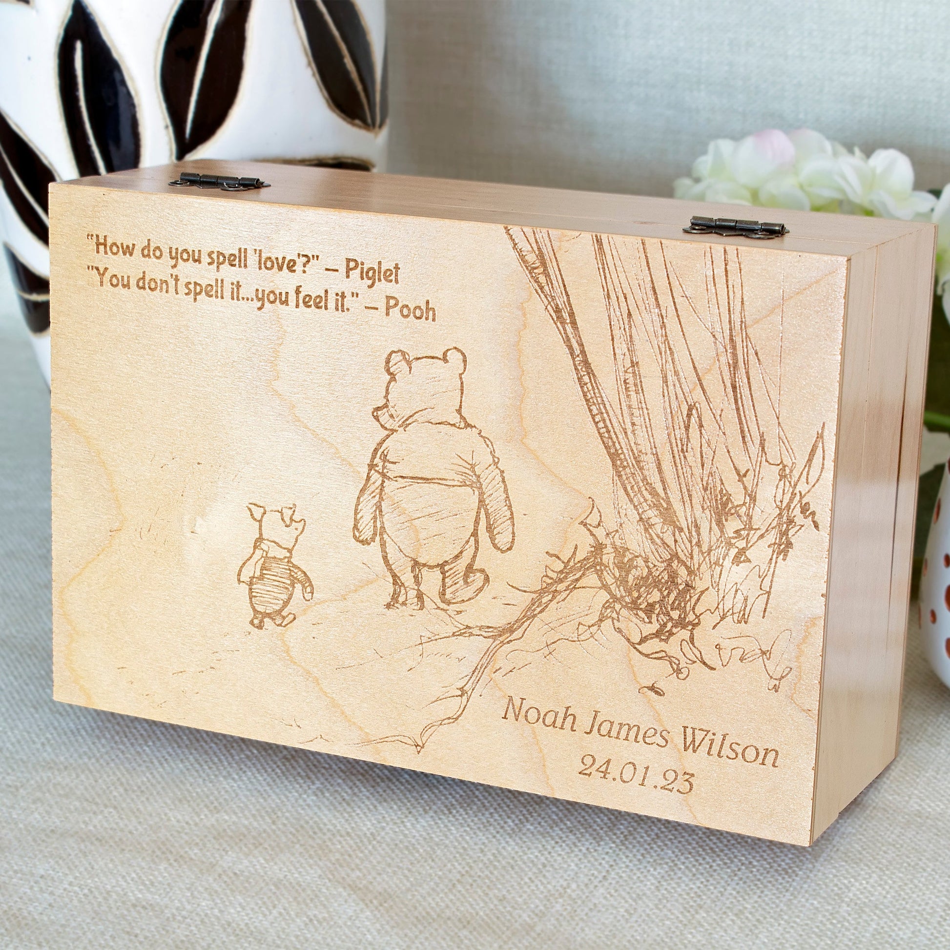 Engraved wooden nursery keepsake chest