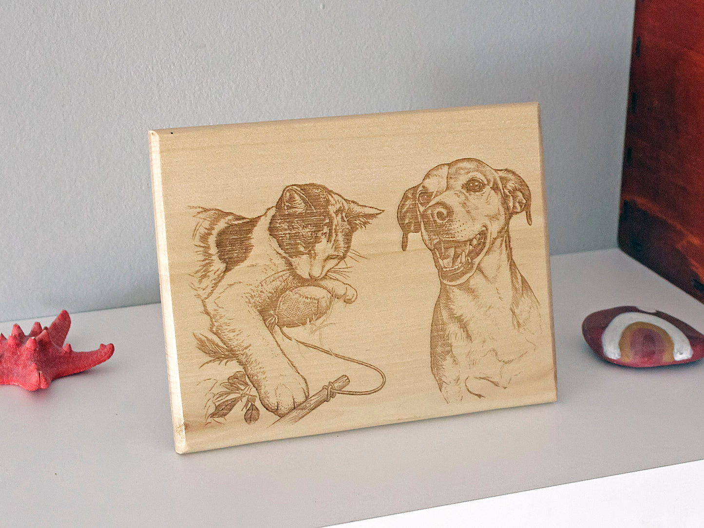 Elegant laser engraved pet portrait on wood, transforming your pet's photo into timeless sketch-style artwork.