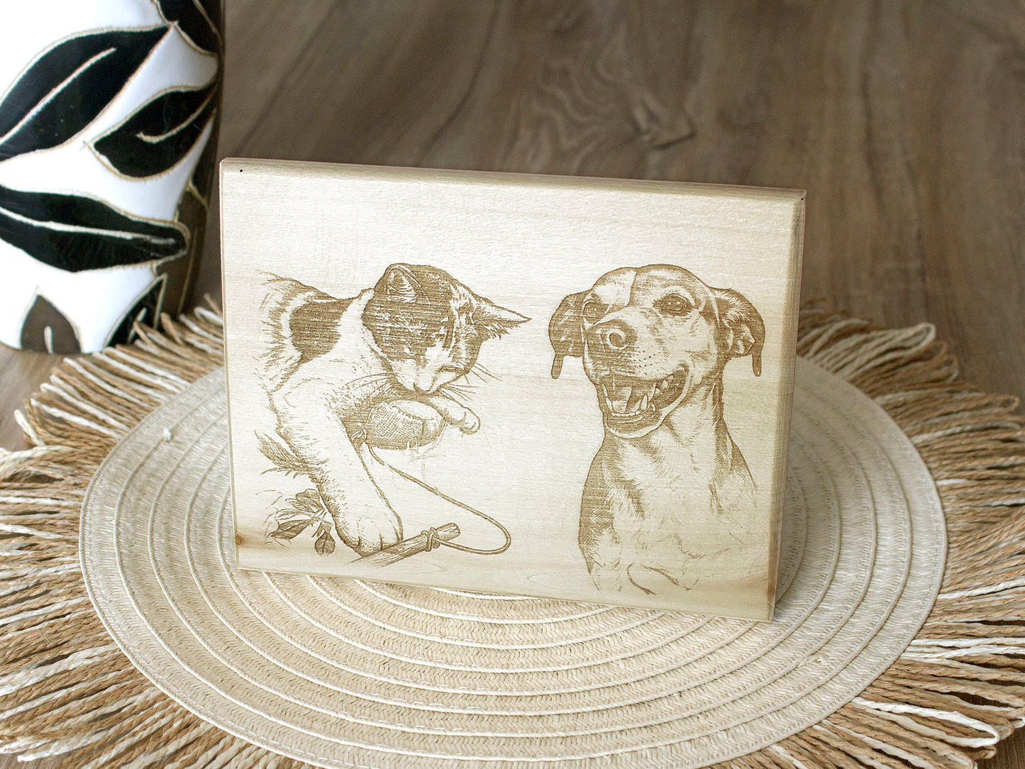 Custom wood engraving of a beloved dog or cat in a realistic sketch style. Handmade from your personal photo.