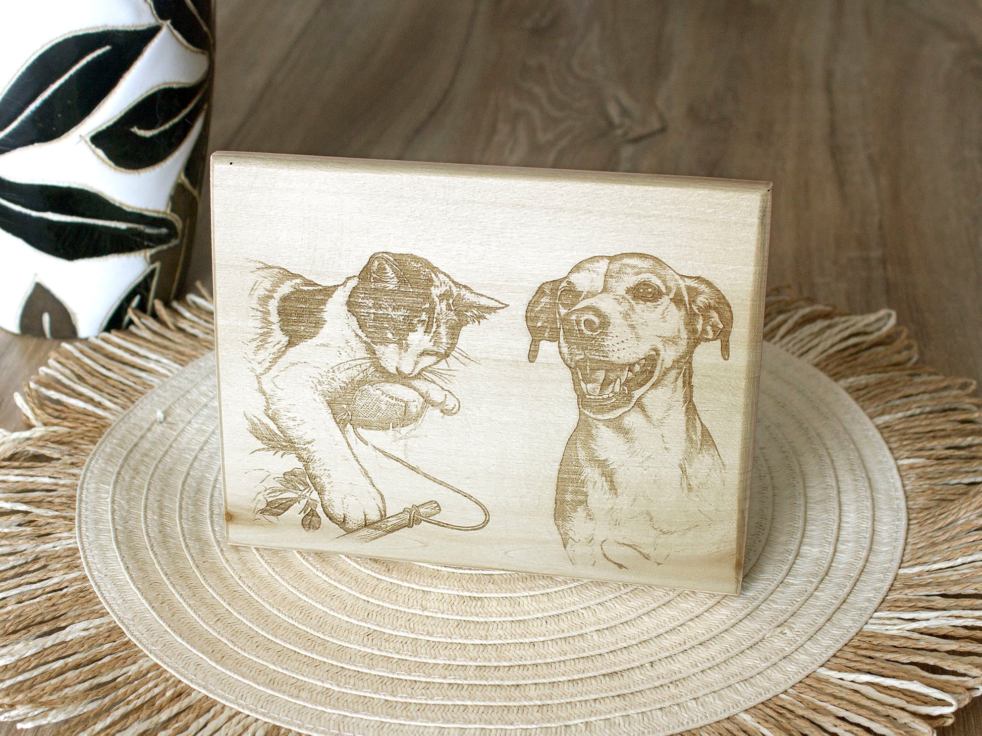 Custom wood engraving of a beloved dog or cat in a realistic sketch style. Handmade from your personal photo.