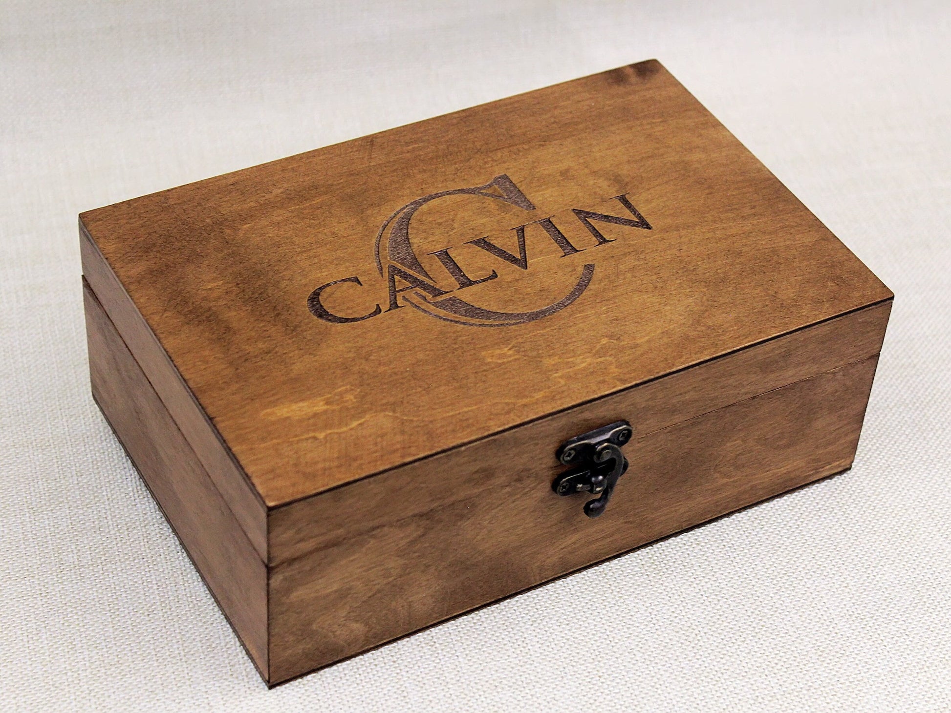 Personalized wooden keepsake box with engraved name and monogram, custom jewelry and memory box gift