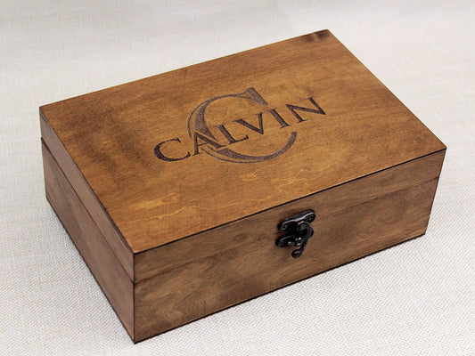 Personalized wooden keepsake box with engraved name and monogram, custom jewelry and memory box gift