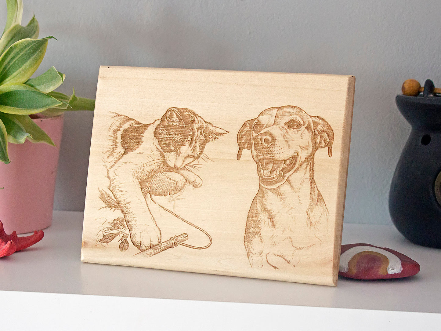 Personalized laser engraved pet portrait on natural wood, featuring a custom sketch-style design created from your favorite photo.