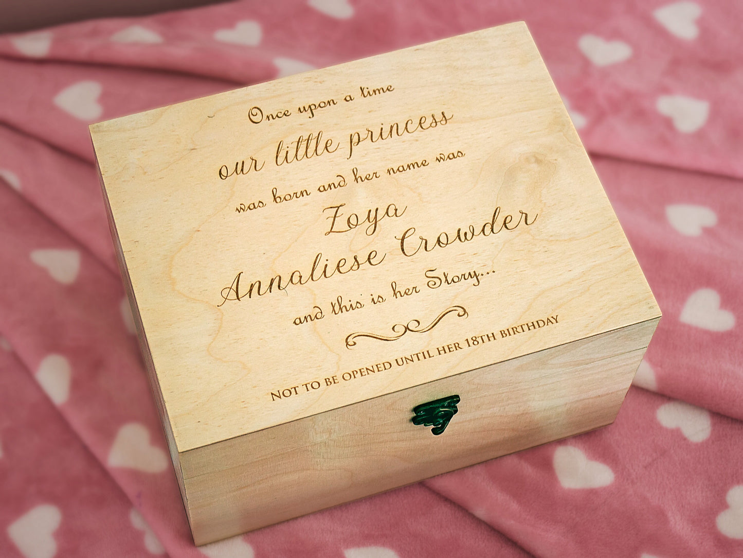 Wooden keepsake box for baby's first clothes, photos and special mementos