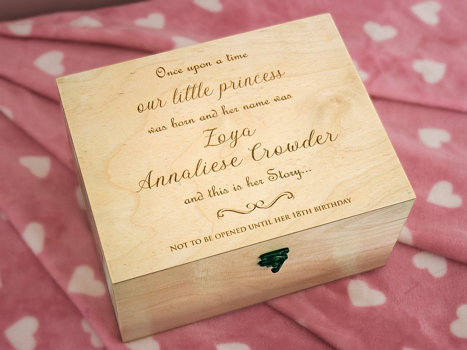 Wooden keepsake box for baby's first clothes, photos and special mementos