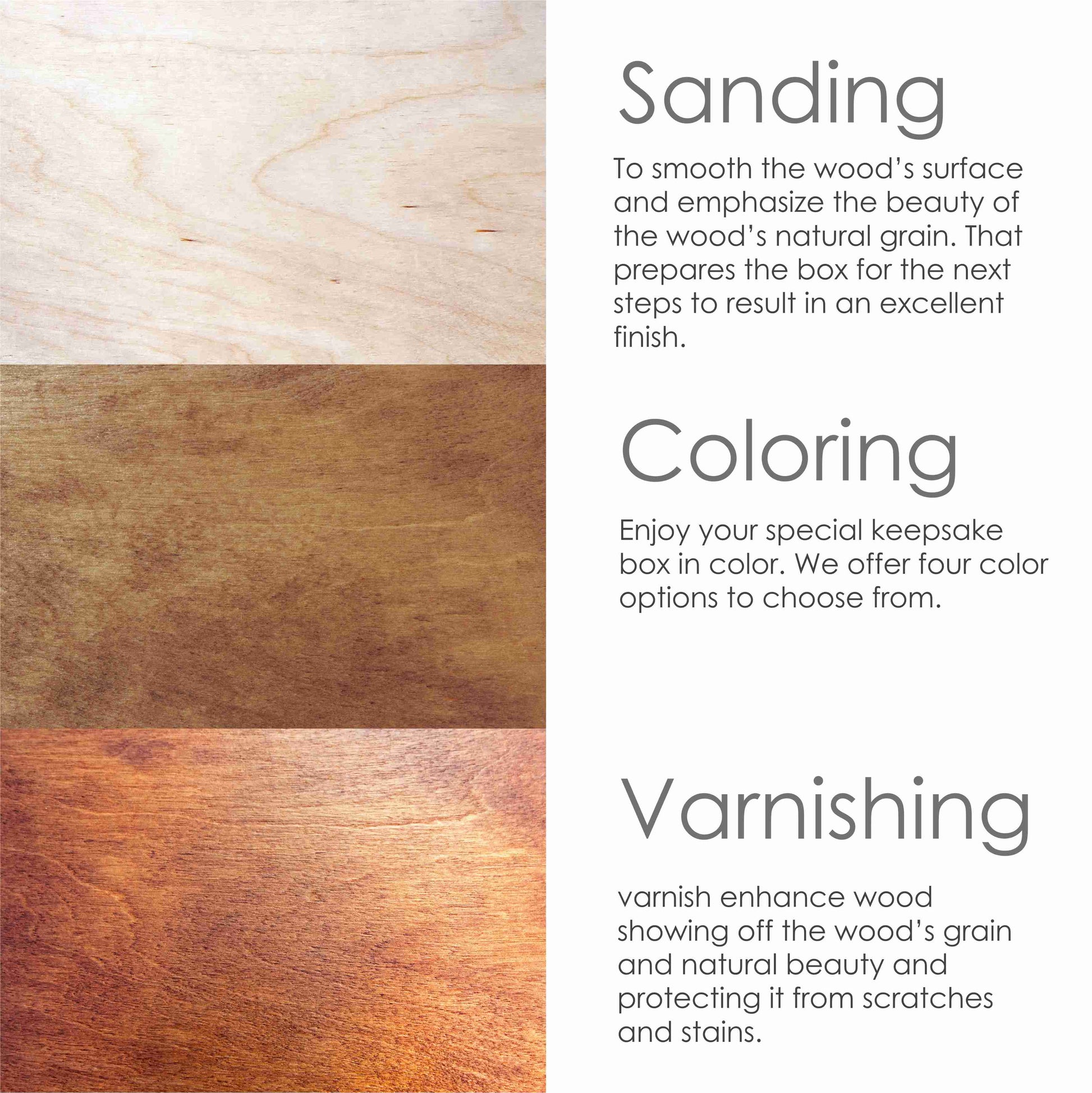 Image showing the steps of production for a baby memory box through sanding coloring and varnishing