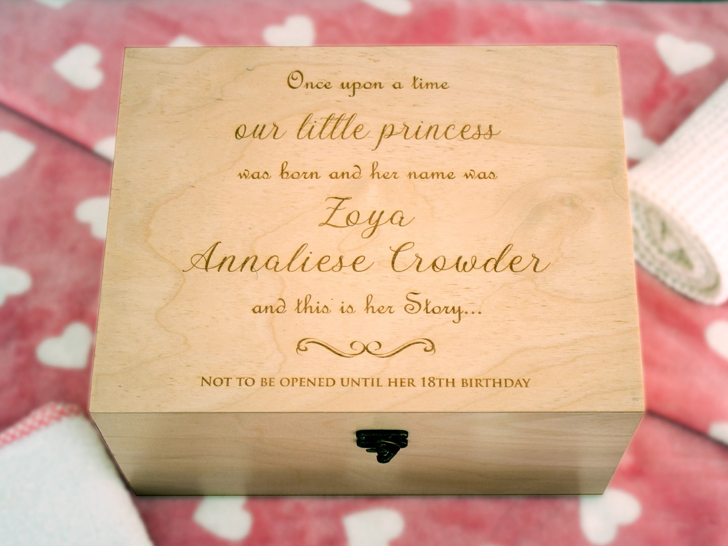 Wooden baby time capsule box personalized for childhood memories