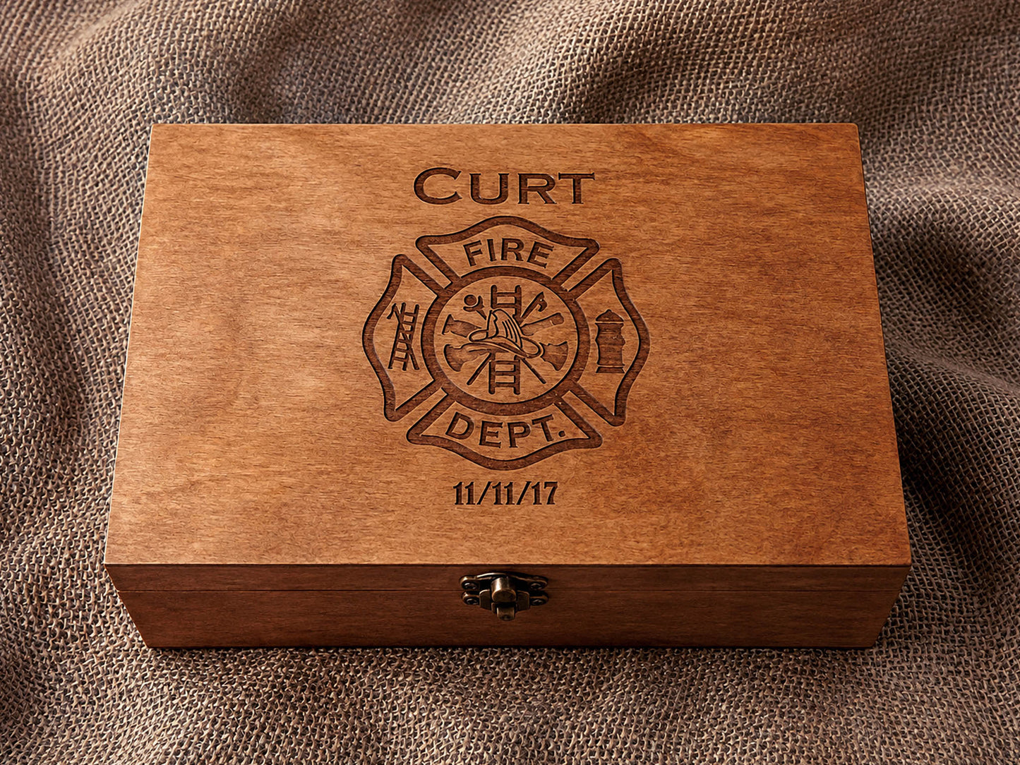 Custom wooden corporate gift box with engraved organization logo and commemorative date