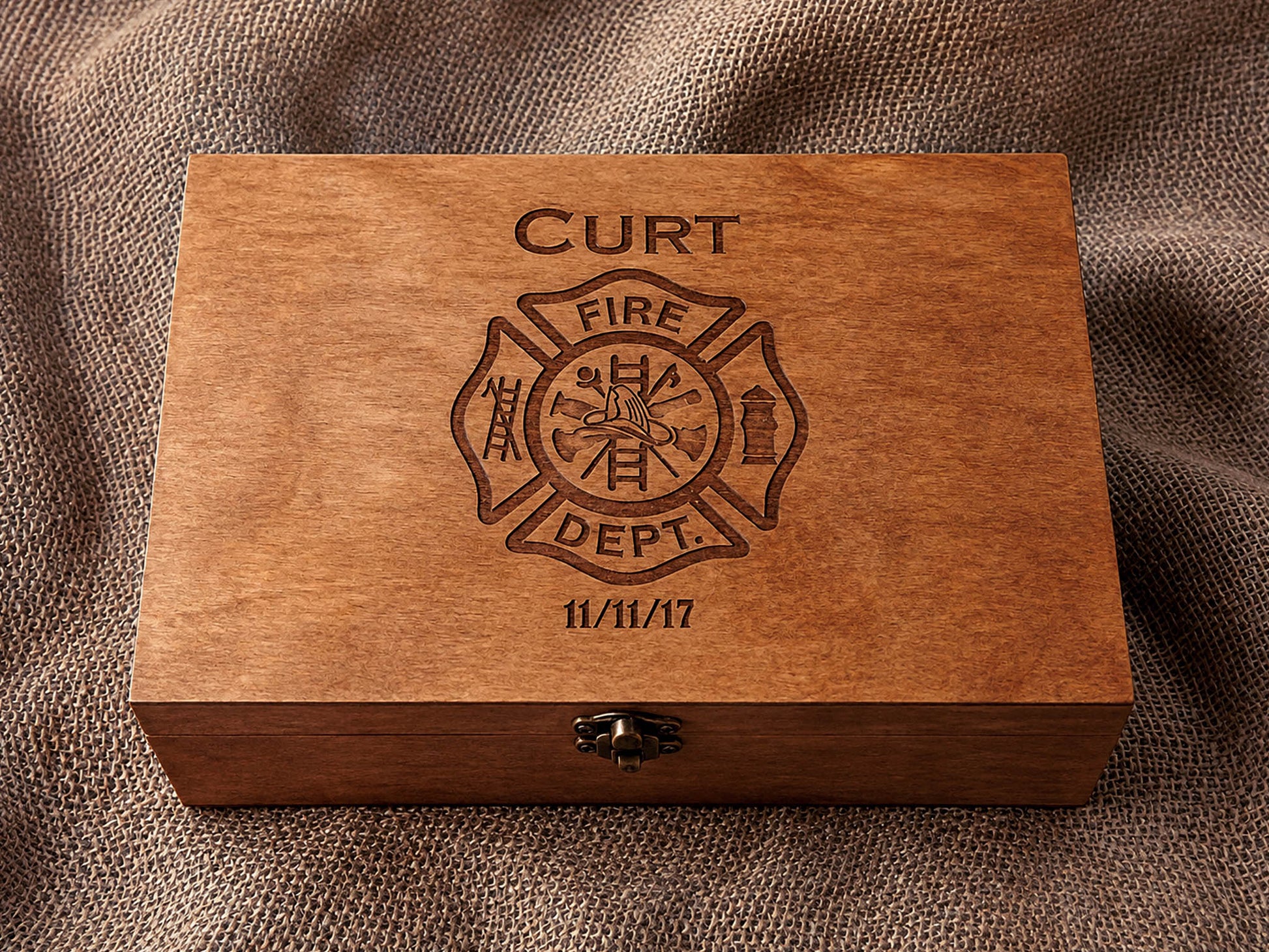 Custom wooden corporate gift box with engraved organization logo and commemorative date