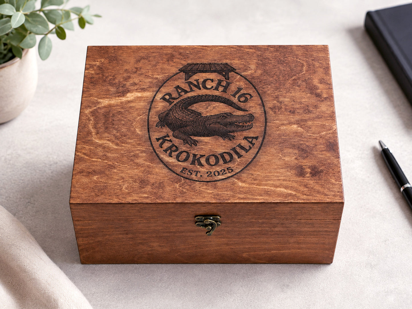 Custom corporate gift box with engraved company logo in walnut finish