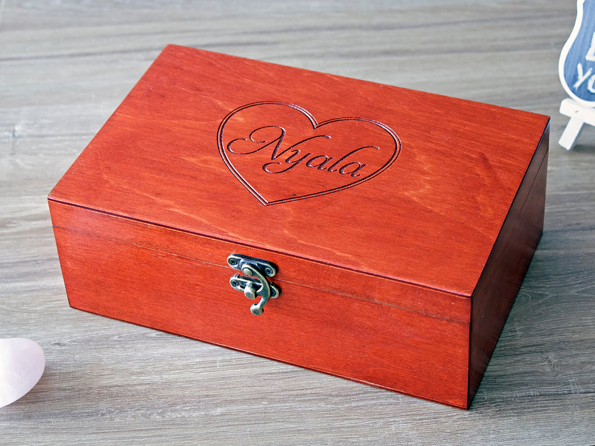 Custom engraved wooden keepsake box with personalized name and message