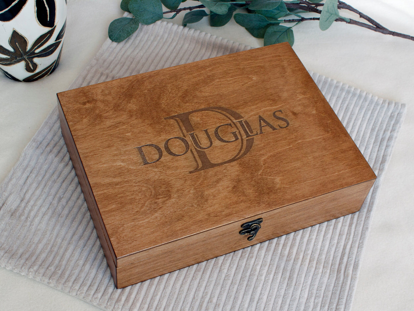 Custom engraved wooden box with personalized monogram design