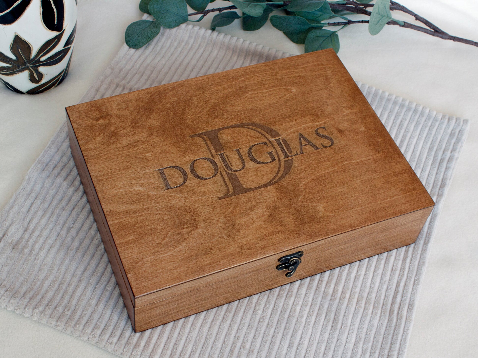 Custom engraved wooden box with personalized monogram design