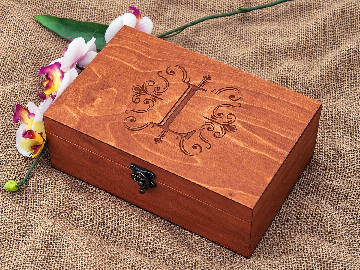 Personalised monogram jewelry box with custom engraved initial