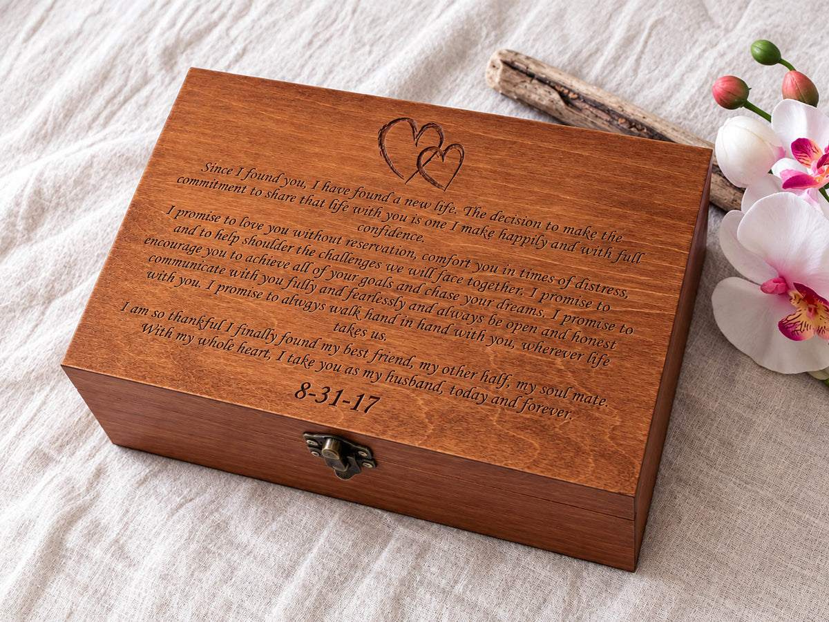Open wooden wedding vow box for vows, letters and wedding keepsakes