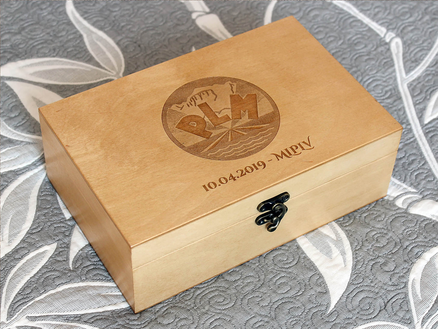 Custom engraved wooden corporate gift box with personalized logo and date