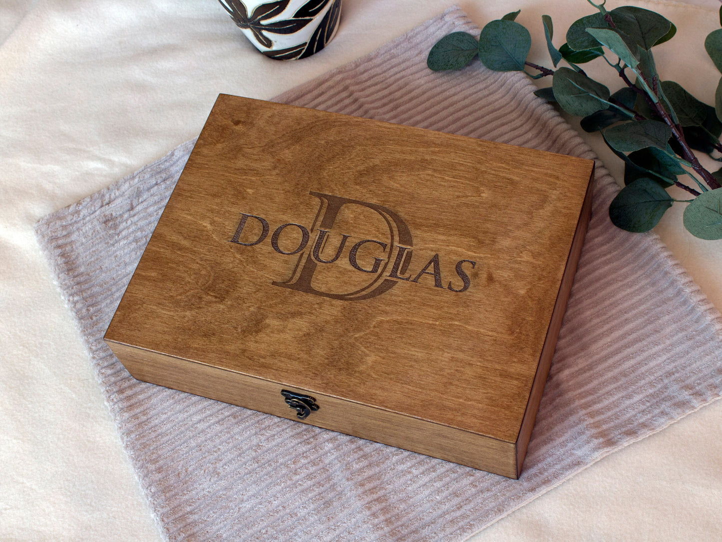 Custom engraved keepsake box with personalized name and monogram