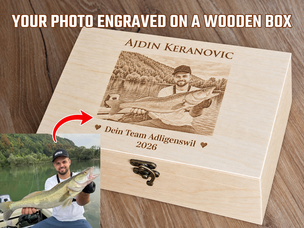 Custom engraved wooden box created with the customer’s own image and design