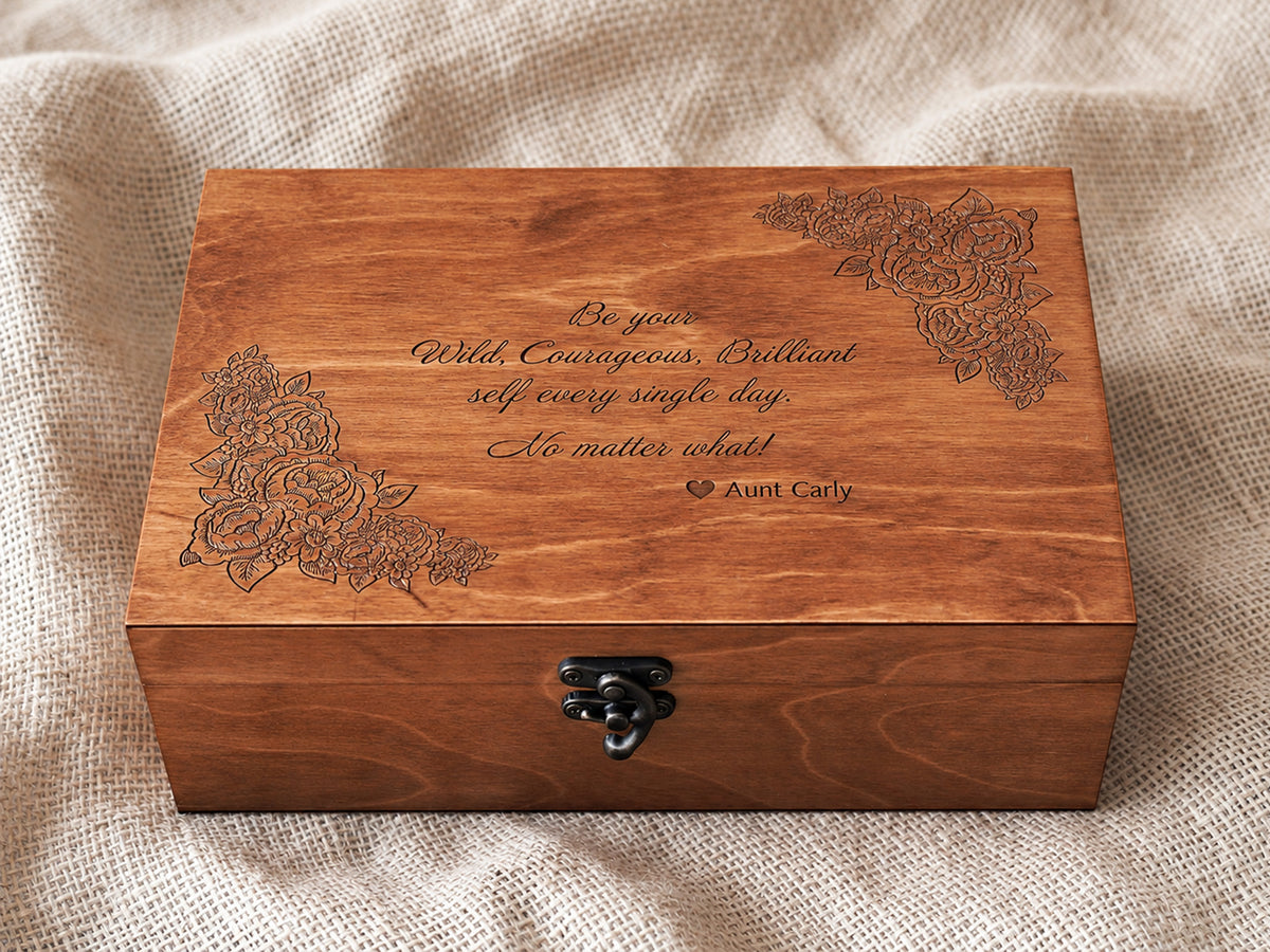 Handmade engraved jewelry box with custom quote, spacious interior for rings, necklaces and bracelets