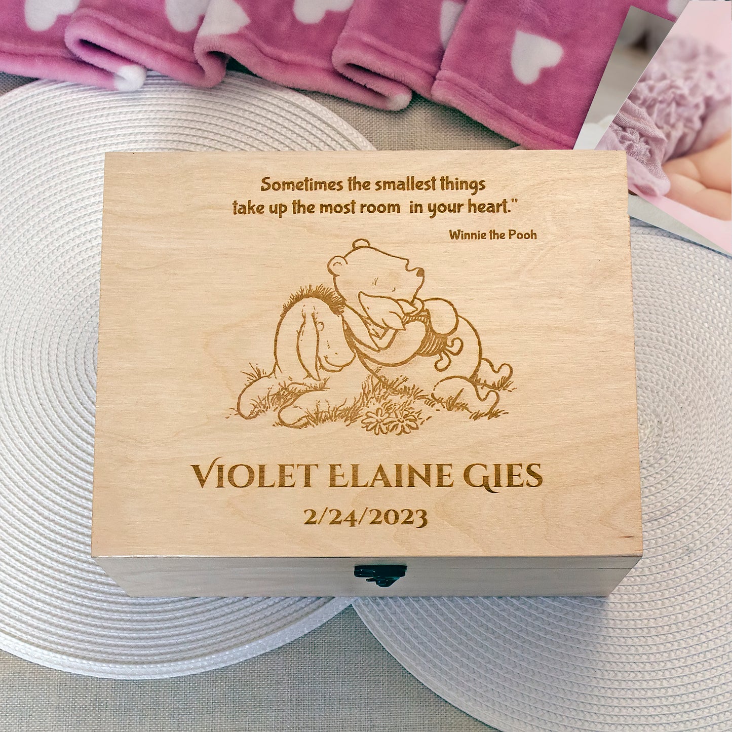 Personalized Winnie the Pooh baby memory box with baby's name and birth details
