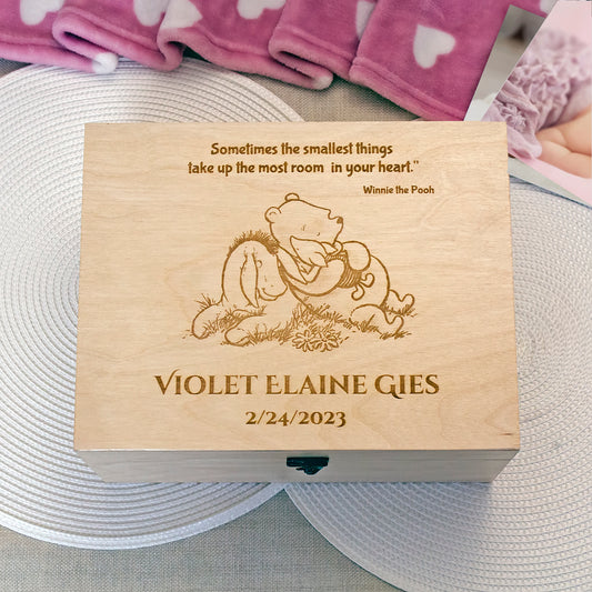 Personalized Winnie the Pooh baby memory box with baby's name and birth details