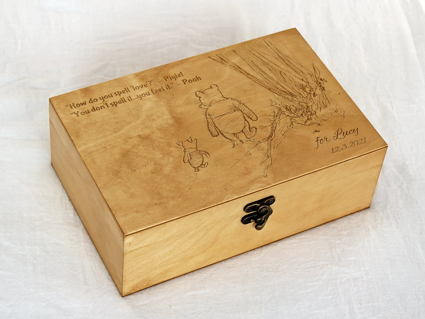 Custom engraved Winnie the Pooh and Piglet keepsake box with personalized details