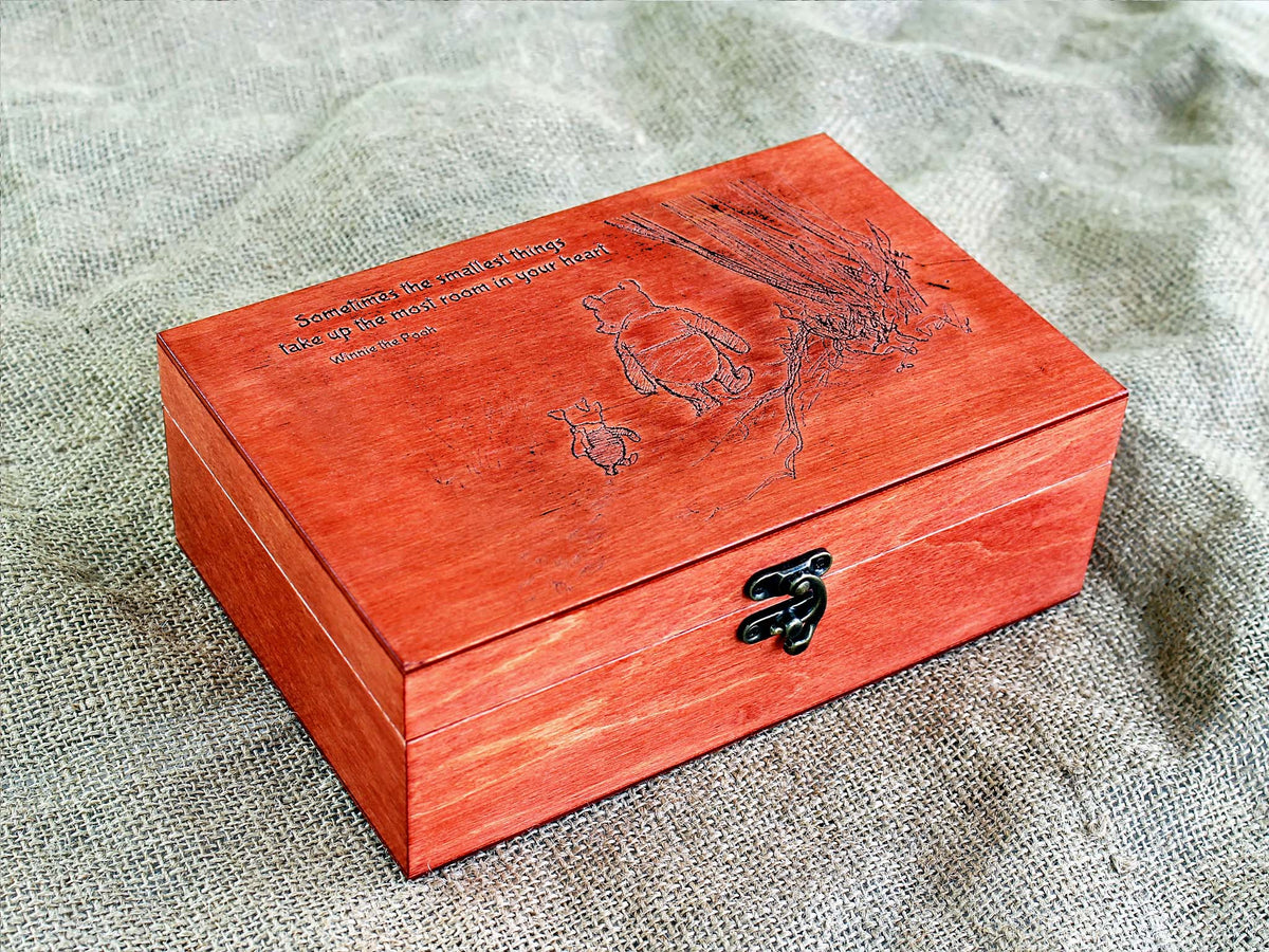 Winnie the Pooh wooden keepsake box featuring a memorable engraved quote