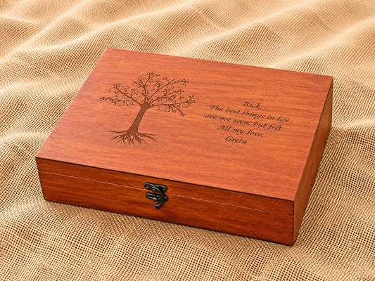 Engraved wooden memory box styled as a thoughtful personalized anniversary gift for him