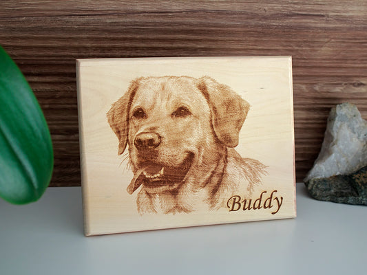 Custom engraved dog photo on wood plaque personalized memorial gift