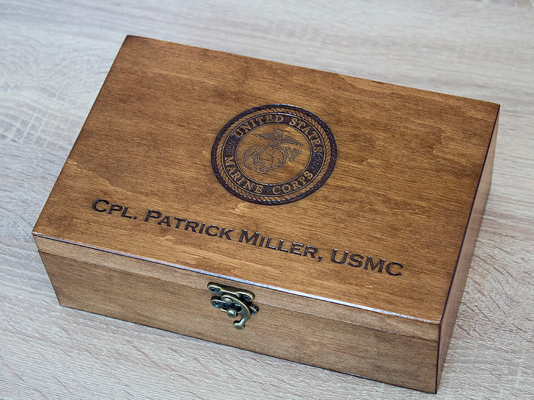 Custom engraved wooden military keepsake box with United States Marine Corps emblem and personalized name Cpl. Patrick Miller USMC