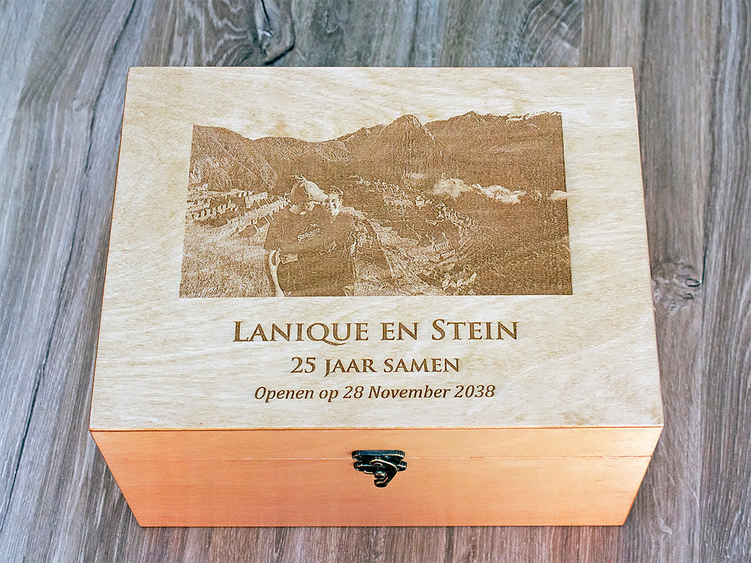 Custom engraved wooden wedding anniversary memory box with laser-etched couple photo and personalized 25 years anniversary text