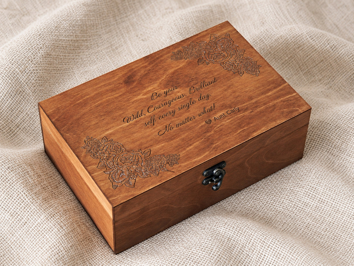 Engraved wooden jewelry box personalized with a custom quote and laser engraved design