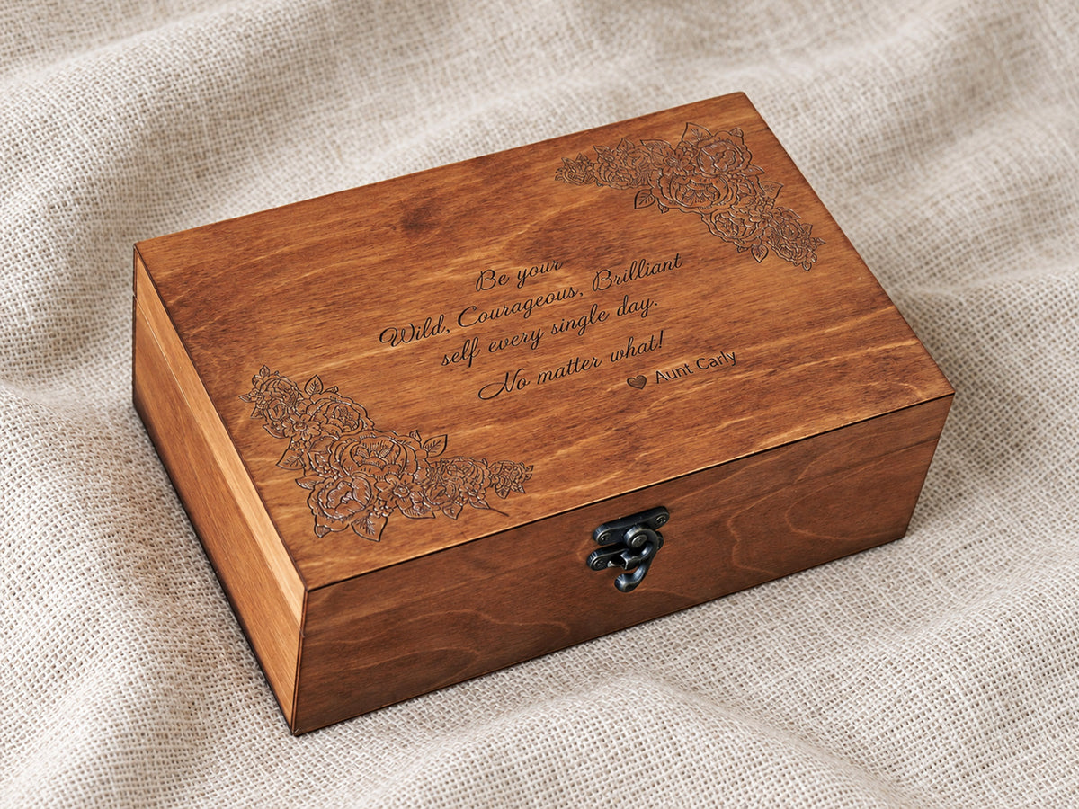 Engraved wooden jewelry box with a personalised custom quote