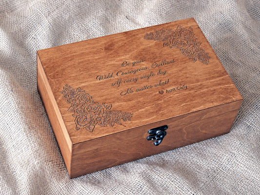 Engraved wooden jewelry box with a personalised custom quote