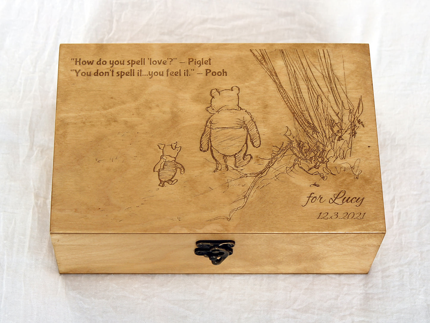 Laser engraved wooden keepsake box with Winnie the Pooh and Piglet